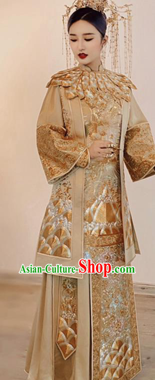 Chinese Traditional Bride Toasting Garment Costumes Ancient Empress Embroidered Dress Classical Golden Xiuhe Suits Wedding Ceremony Clothing