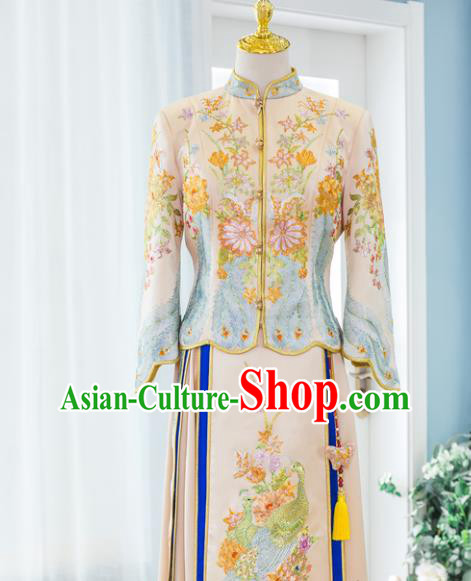 Chinese Ancient Bride Champagne Garment Costumes Classical Embroidered Xiuhe Suits Traditional Hanfu Dress Wedding Ceremony Toasting Clothing