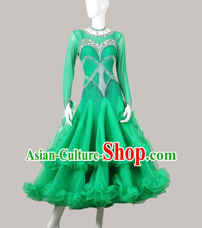 Professional Modern Dance Fashion Waltz Competition Clothing Ballroom Dance Green Dress International Dance Performance Garment