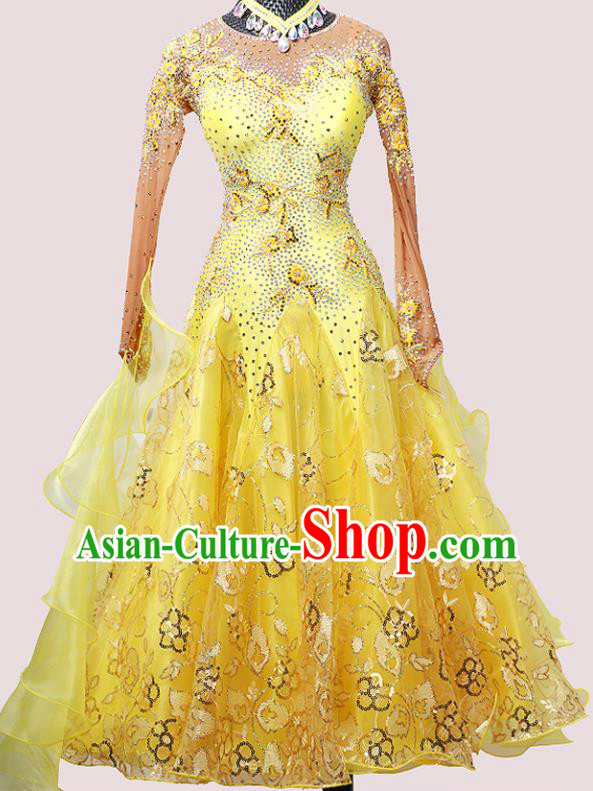 Custom International Dance Competition Yellow Dress Ballroom Dancing Clothing Waltz Performance Fashion Modern Dance Garment