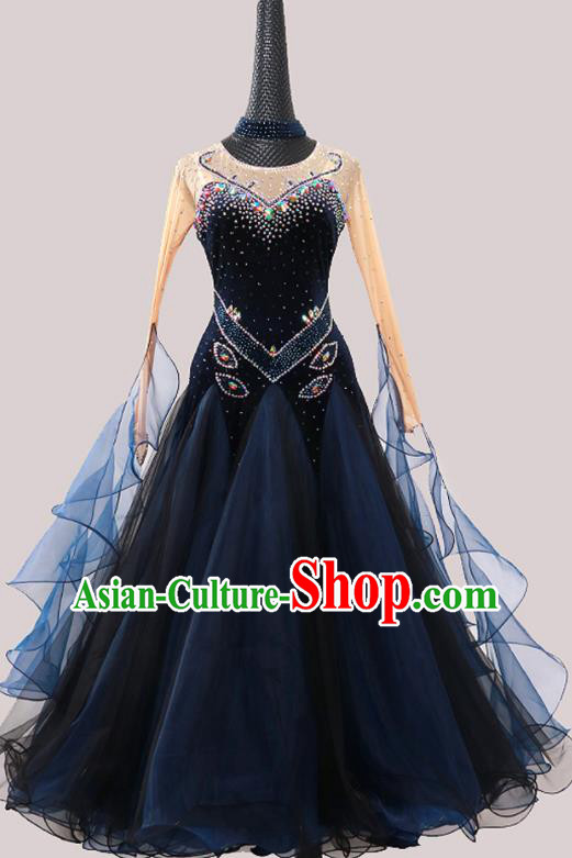 Custom Ballroom Dancing Clothing Waltz Dancewear Modern Dance Fashion Garment International Dance Navy Pleuche Dress