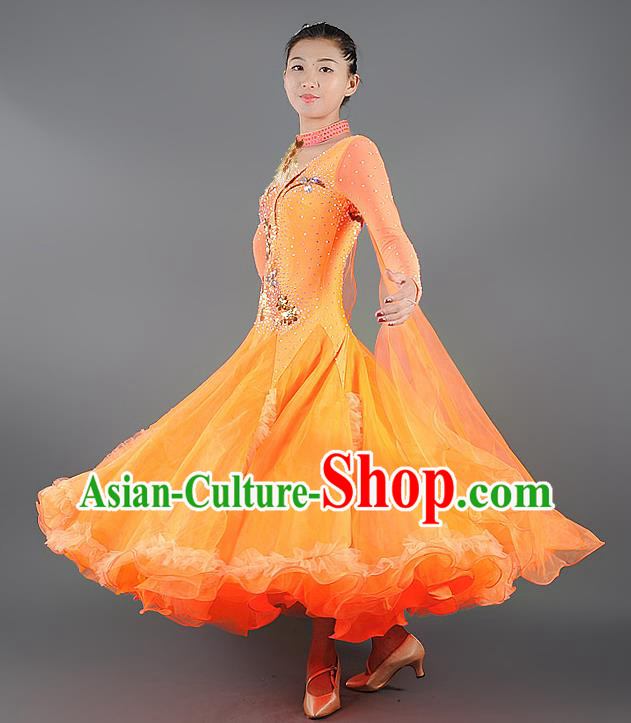 Custom Ballroom Dancing Orange Dress Modern Dance Clothing International Dance Garment Woman Waltz Performance Dancewear