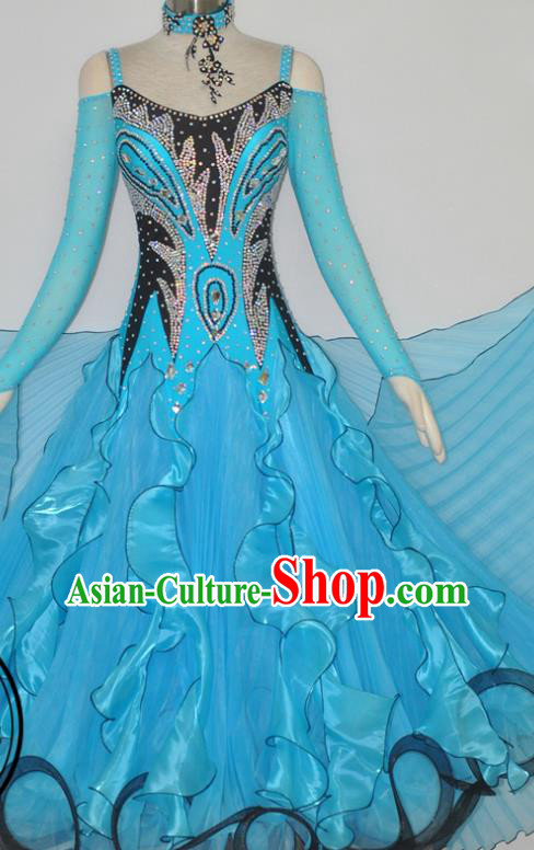 Custom Ballroom Dancing Costume Modern Dance Blue Dress International Dance Competition Garment Woman Waltz Performance Dancewear