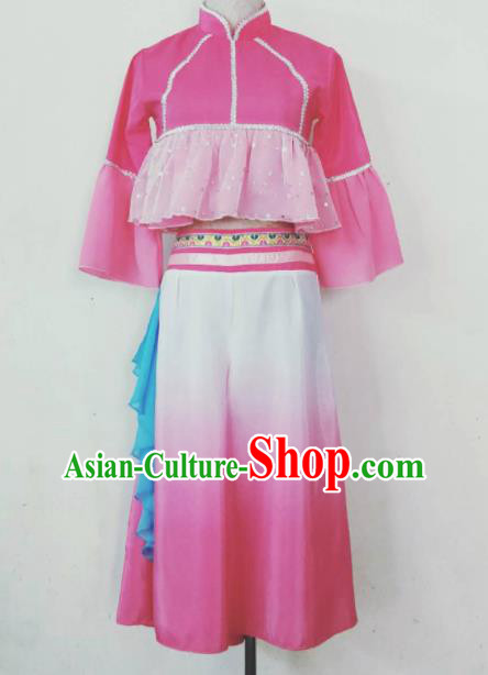 China Women Lotus Dance Fashions Folk Dance Uniforms Fan Dance Costumes Yangko Dance Pink Outfits