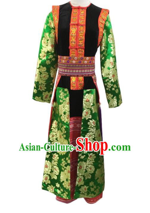 Chinese Ethnic Woman Festival Garment Costumes Yao Nationality Folk Dance Green Dress Clothing Minority Stage Performance Outfits