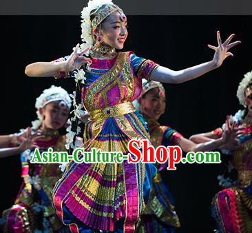 Chinese Yunnan Nationality Girl Folk Dance Clothing Minority Children Dress Uniforms Indian Dance Performance Garment Costumes