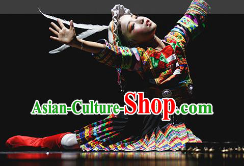 Chinese Minority Performance Garment Costumes Yi Nationality Girl Folk Dance Clothing Ethnic Children Dress Uniforms