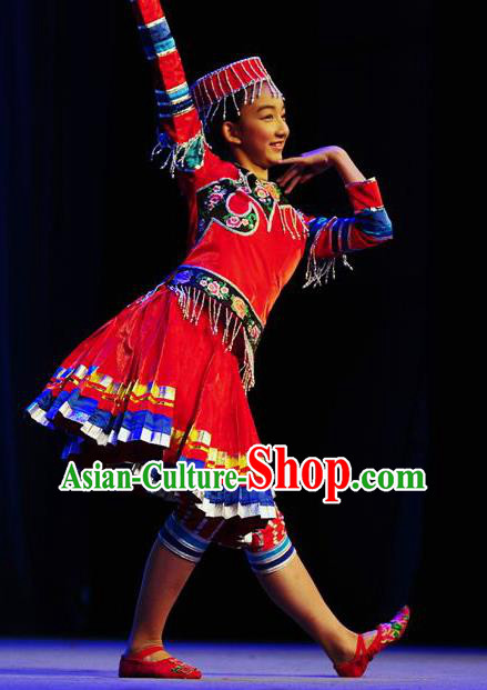 Chinese Xiangxi Minority Performance Garment Costumes Miao Nationality Folk Dance Clothing Hmong Ethnic Children Red Dress Uniforms