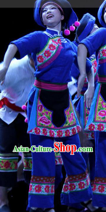 China Woman Group Dance Fashions Picking Tea Dance Uniforms Fan Dance Costumes Folk Dance Blue Outfits
