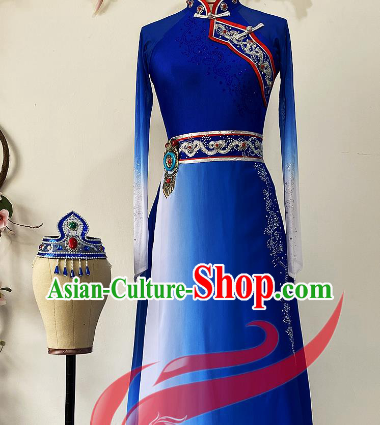 Chinese Ethnic Folk Dance Royalblue Dress Uniforms Mongol Minority Performance Garment Costumes Mongolian Nationality Bowl Dance Clothing