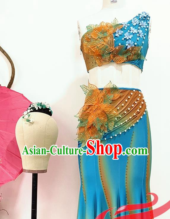 Chinese Ethnic Group Peacock Dance Blue Dress Uniforms Yunnan Minority Festival Performance Garment Costumes Dai Nationality Female Clothing