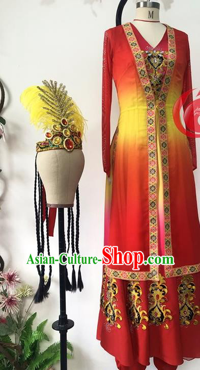 Chinese Uyghur Nationality Woman Dance Clothing Ethnic Dance Red Dress Uniforms Xinjiang Minority Performance Garment Costumes