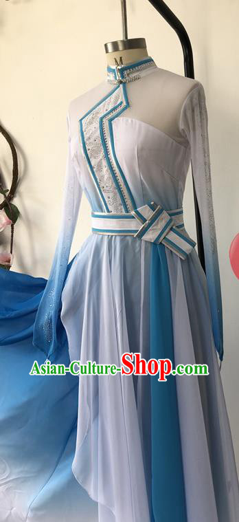 Chinese Mongol Nationality Woman Dance Clothing Ethnic Dance Blue Dress Uniforms Mongolian Minority Performance Garment Costumes