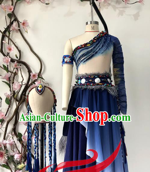 Chinese Ethnic Stage Performance Navy Dress Outfits Zang Nationality Folk Dance Costumes Tibetan National Minority Woman Clothing