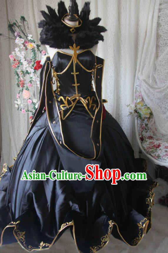 Custom Halloween Fancy Ball Empress Garment Costume Gothic Queen Clothing Cosplay Witch Black Satin Dress