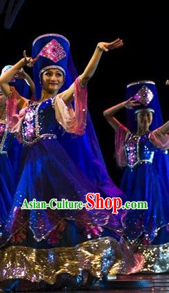 Chinese Tajik Nationality Female Group Dance Clothing Xinjiang Ethnic Dance Blue Dress Uniforms Tayikos Minority Performance Garment Costumes