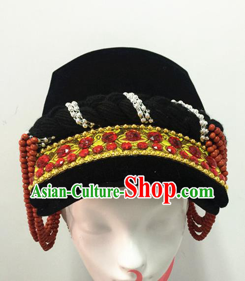 Top China Ethnic Stage Performance Headwear Yi Nationality Folk Dance Hair Accessories Minority Female Black Tile Hat