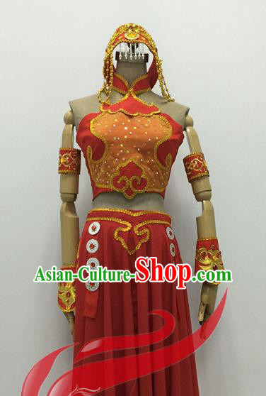 Chinese Mongolian Minority Performance Garment Costumes Mongol Nationality Folk Dance Clothing Ethnic Female Dance Red Dress Uniforms