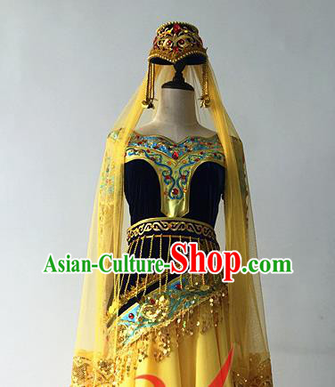 Top China Ethnic Stage Performance Headwear Uyghur Nationality Folk Dance Hair Accessories Xinjiang Minority Female Yellow Veil Hat