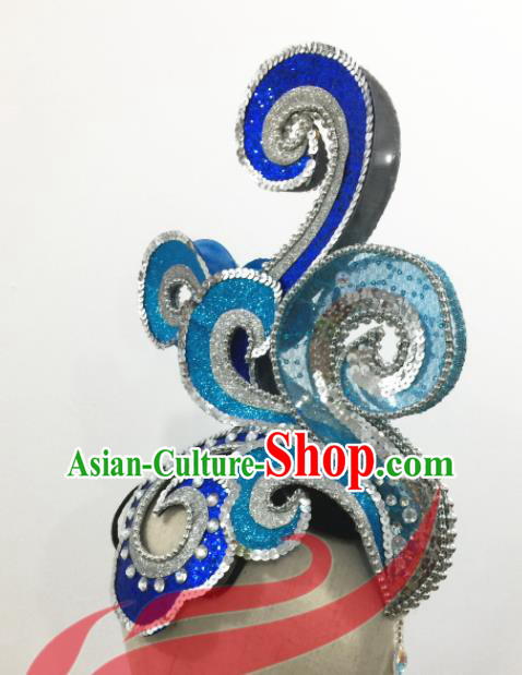 Top China Female Group Dance Blue Hair Crown Stage Performance Hat Headdress Classical Dance Hair Accessories