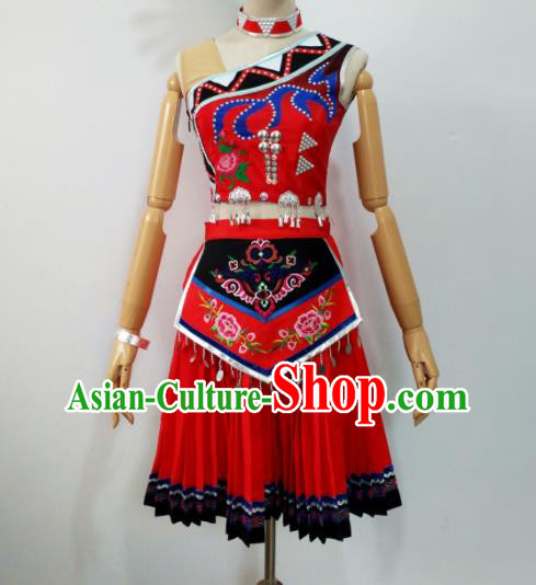 Chinese Ethnic Female Group Dance Red Dress Uniforms Xiangxi Minority Performance Garment Costumes Tujia Nationality Folk Dance Clothing
