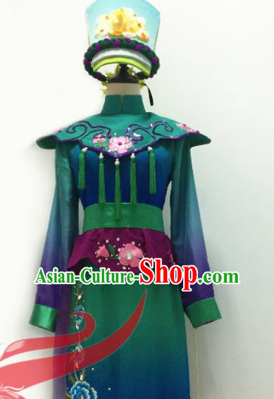 Chinese Qiang Nationality Folk Dance Clothing Ethnic Female Group Dance Green Dress Uniforms Sichuan Minority Performance Garment Costumes