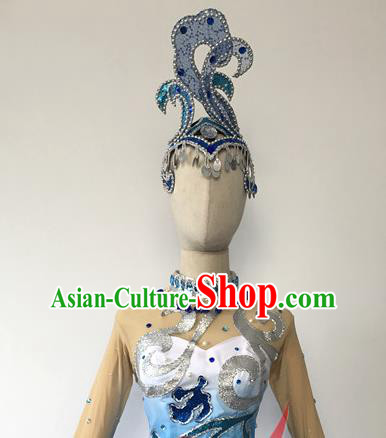 Top China Woman Opening Dance Hair Accessories Spring Festival Gala Stage Performance Headdress Group Dance Blue Hair Crown