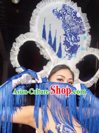 Custom China Stage Performance Embroidered Hair Crown Stage Show Giant Hair Accessories Catwalks Luxury White Tassel Headdress