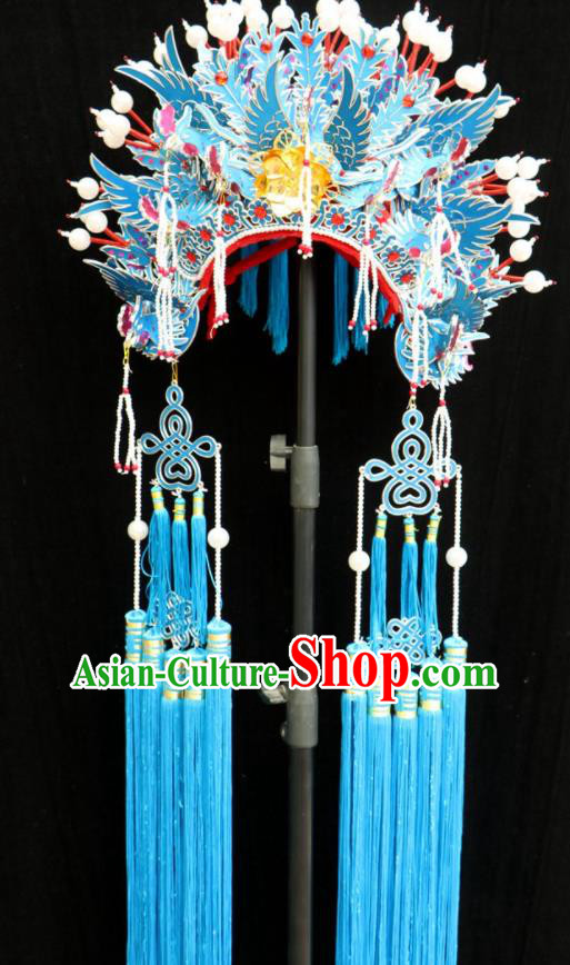 China Shaoxing Opera Empress Hat Beijing Opera Hua Tan Blue Phoenix Coronet Headdress Ancient Princess Helmet Hair Accessories