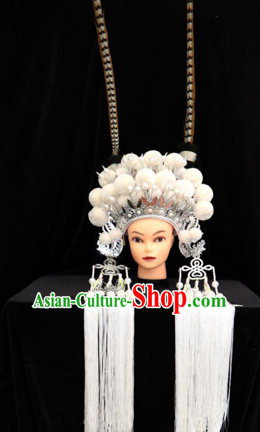 China Ancient Princess Hair Accessories Shaoxing Opera Actress White Venonat Hat Beijing Opera Hua Tan Phoenix Coronet Headdress
