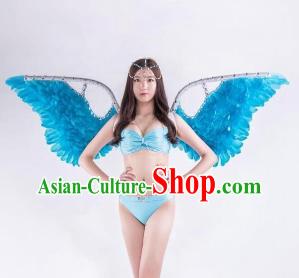 Custom Carnival Parade Accessories Miami Angel Catwalks Back Decorations Cosplay Fairy Blue Feathers Wings Halloween Performance Props Headdress