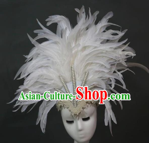 Top Miami Catwalks Headdress Stage Show White Feathers Royal Crown Samba Dance Giant Headpiece Brazilian Carnival Hair Accessories