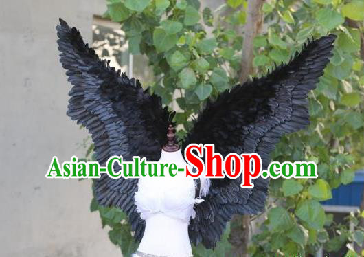 Custom Carnival Parade Accessories Miami Show Black Feathers Wings Cosplay Demon Back Decorations Model Catwalks Props Halloween Fancy Ball Wear