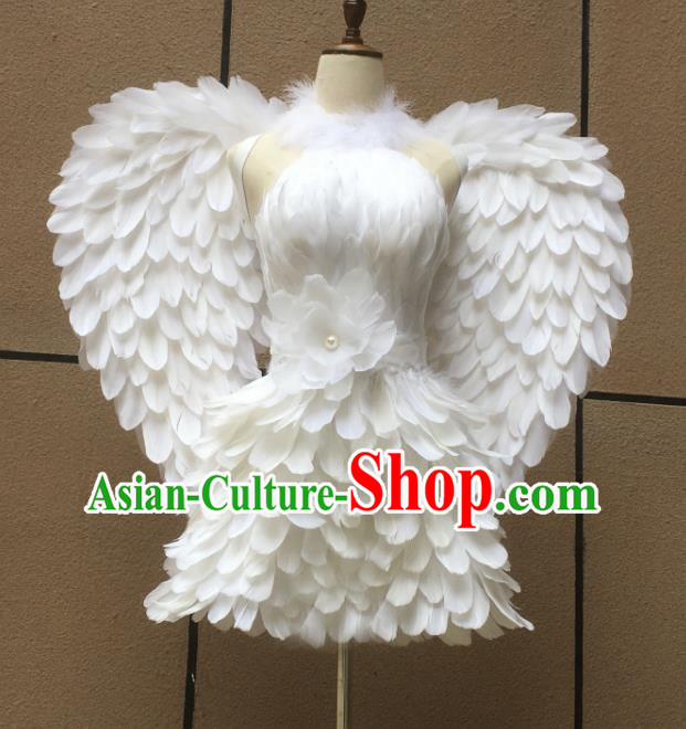 Top Brazilian Carnival Garments Miami Catwalks White Feather Dress with Wings Stage Show Costumes Samba Dance Clothing