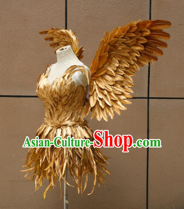 Top Stage Show Costumes Samba Dance Clothing Brazilian Carnival Garments Miami Catwalks Golden Feather Dress with Wings
