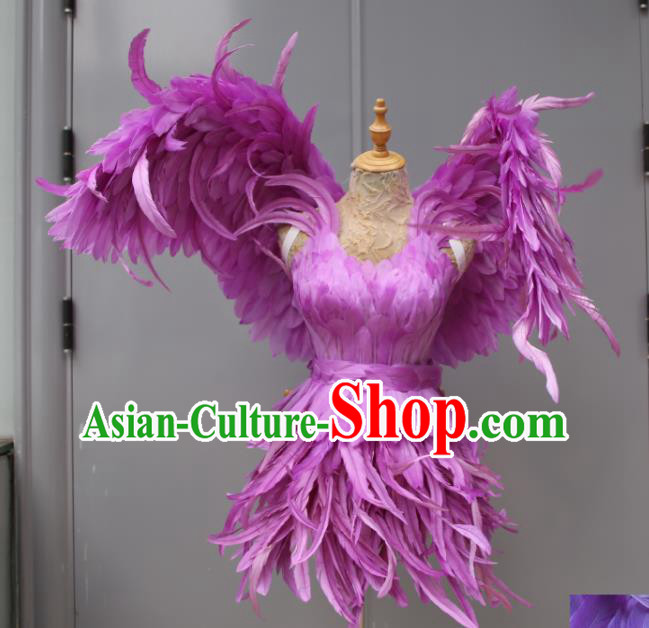 Top Miami Catwalks Costumes Stage Show Clothing Brazilian Carnival Garments Samba Dance Purple Feather Dress with Wings