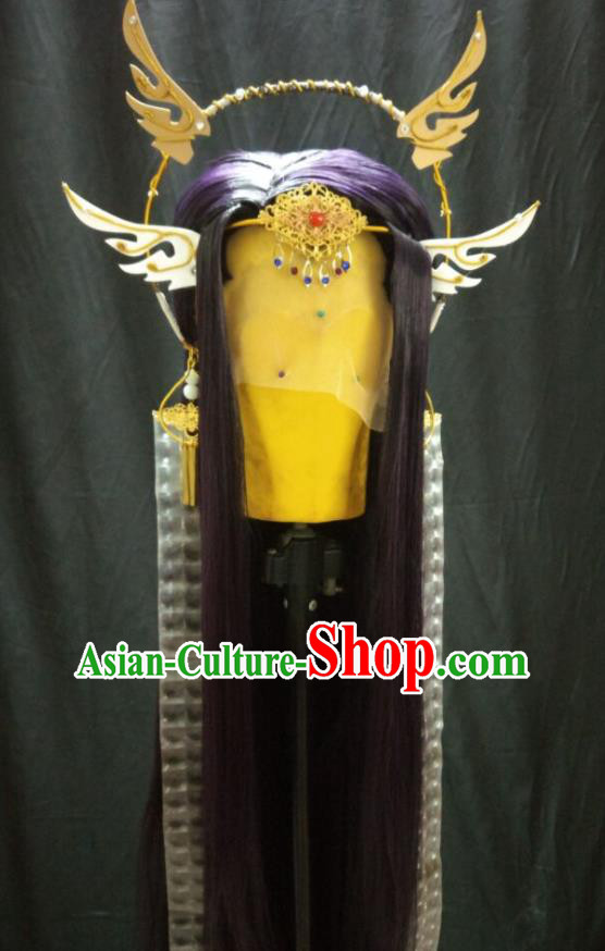 Handmade China Traditional Puppet Show Emperor Headdress Ancient Swordsman Purple Wigs and Hair Crown Cosplay Heaven Lord Hairpieces