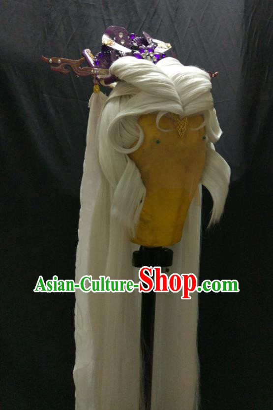Chinese Traditional Puppet Show Goddess White Wigs and Hair Crown Ancient Imperial Concubine Hairpieces Cosplay Swordswoman Hair Accessories