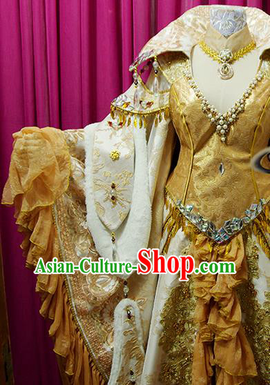 China Traditional Puppet Show Goddess Garment Costumes Ancient Empress Clothing Cosplay Fairy Queen Golden Dress Outfits