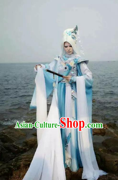 Chinese Puppet Show Swordsman Garment Costumes Ancient Taoist Priest Blue Robe Uniforms Traditional Cosplay Immortal Clothing