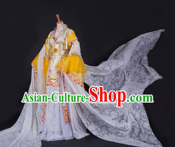 China Ancient Queen Clothing Cosplay Fairy Princess Yellow Dress Outfits Traditional Puppet Show Empress Feng Cailing Garment Costumes