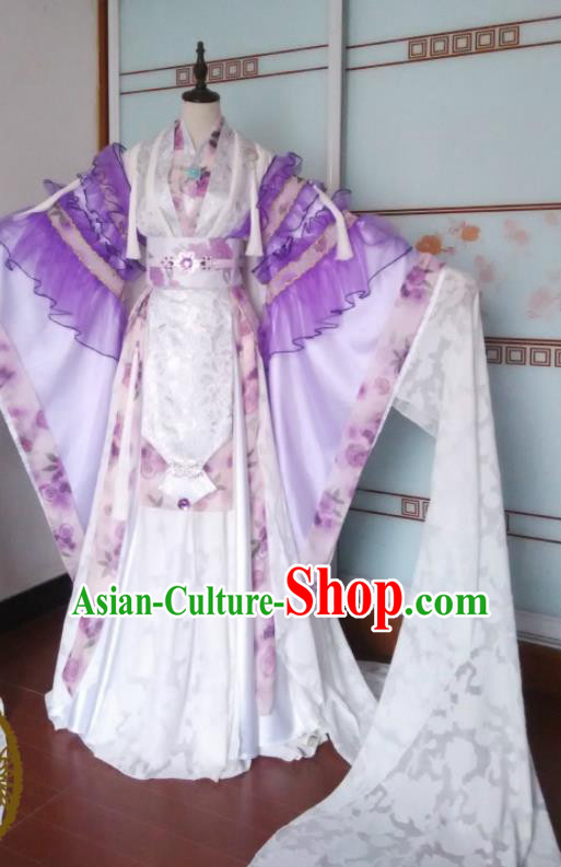 China Traditional Puppet Show Feng Cailing Garment Costumes Ancient Empress Clothing Cosplay Queen Water Sleeve Purple Dress Outfits