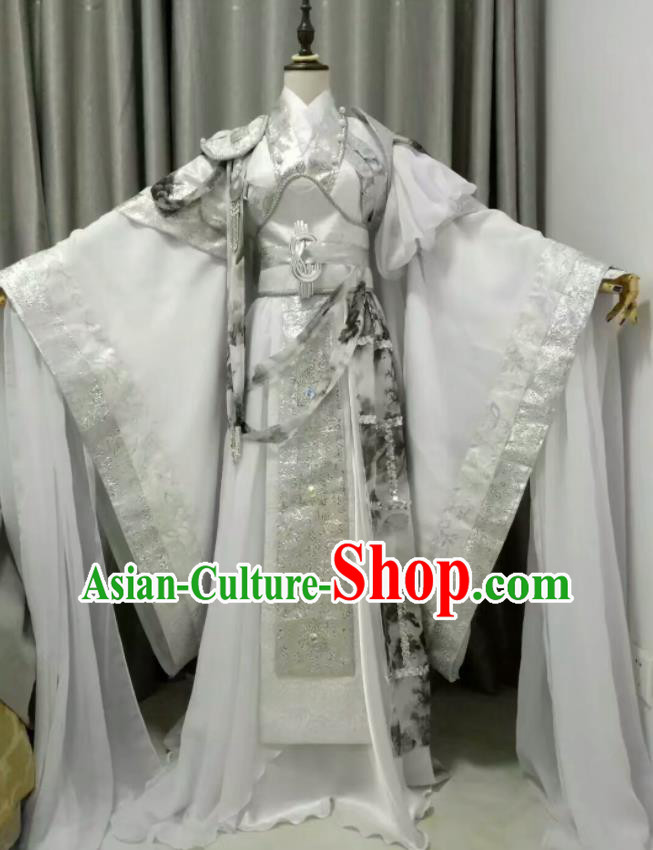 Chinese Ancient Taoist Priest White Uniforms Traditional Cosplay Swordsman Clothing Puppet Show Royal Prince Garment Costumes
