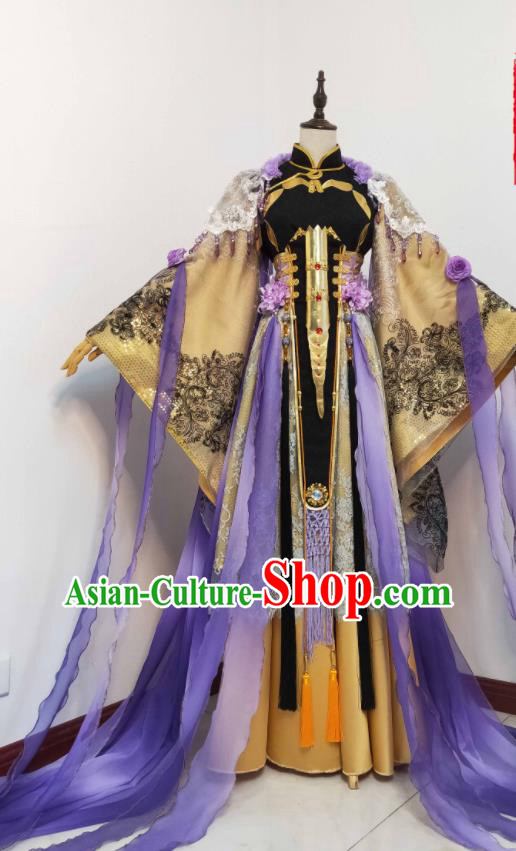 China Ancient Empress Clothing Cosplay Goddess Purple Dress Outfits Traditional Puppet Show Queen Xie Yingluo Garment Costumes