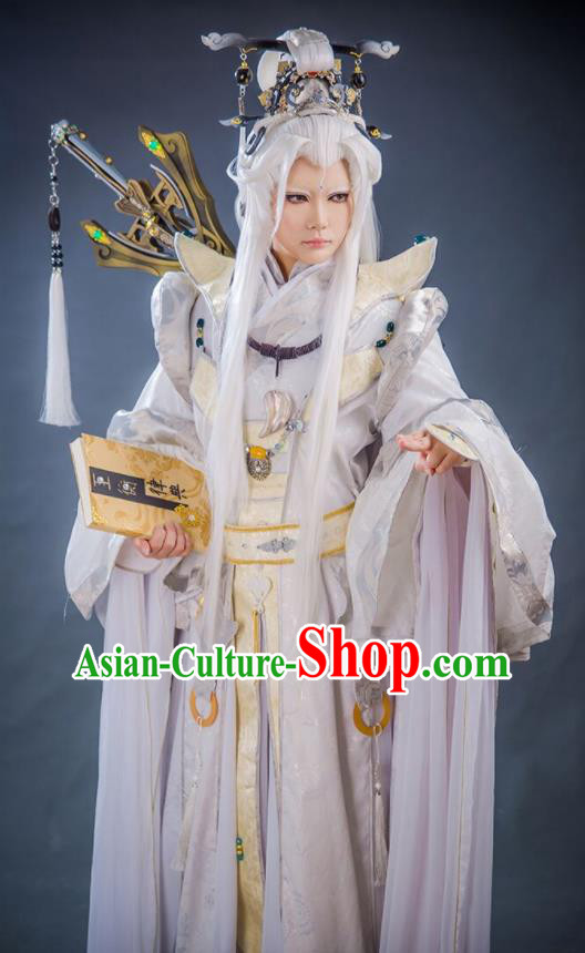 Chinese Ancient Swordsman White Uniforms Traditional Cosplay Young Childe Clothing Puppet Show Taoist Priest Jun Fengtian Garment Costumes