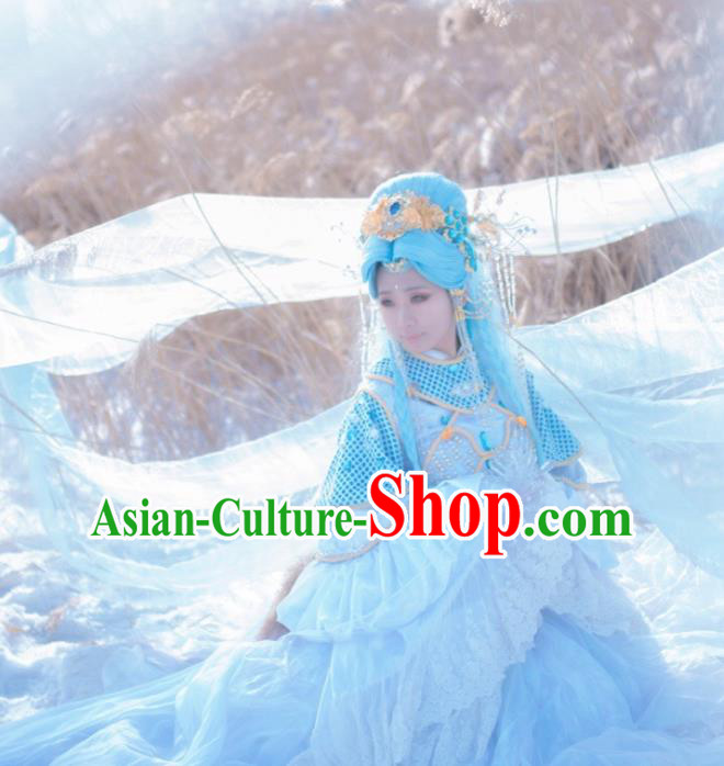 China Cosplay Princess Blue Dress Outfits Traditional Puppet Show Goddess Garment Costumes Ancient Fairy Clothing