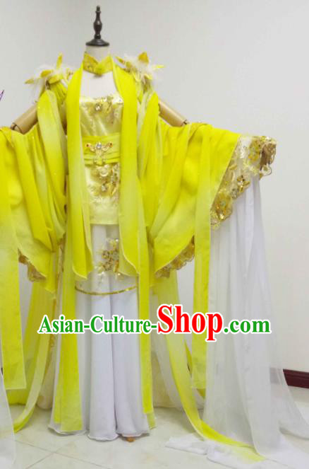 China Traditional Puppet Show Geng Qiulu Garment Costumes Ancient Goddess Clothing Cosplay Fairy Princess Yellow Dress Outfits