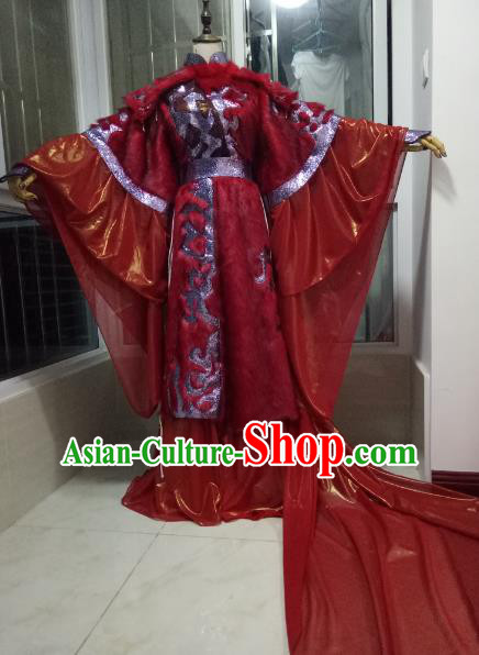 Chinese Ancient Demon King Red Uniforms Traditional Cosplay Swordsman Clothing Puppet Show Royal Highness Garment Costumes