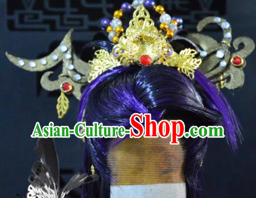 Handmade China Traditional Puppet Show Prince Headdress Ancient Swordsman Hair Accessories Cosplay Chivalrous Male Purple Wigs and Hair Crown