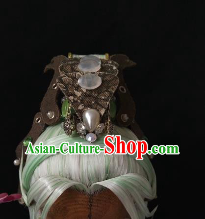 Handmade China Ancient Swordsman Hair Accessories Cosplay Taoist Priest Light Green Wigs and Hair Crown Traditional Puppet Show Mo Cangli Headdress